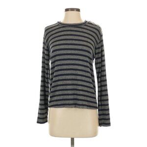 LESET Navy Gray Stripe Sweater Button Detail Lightweight Knit Pullover Small